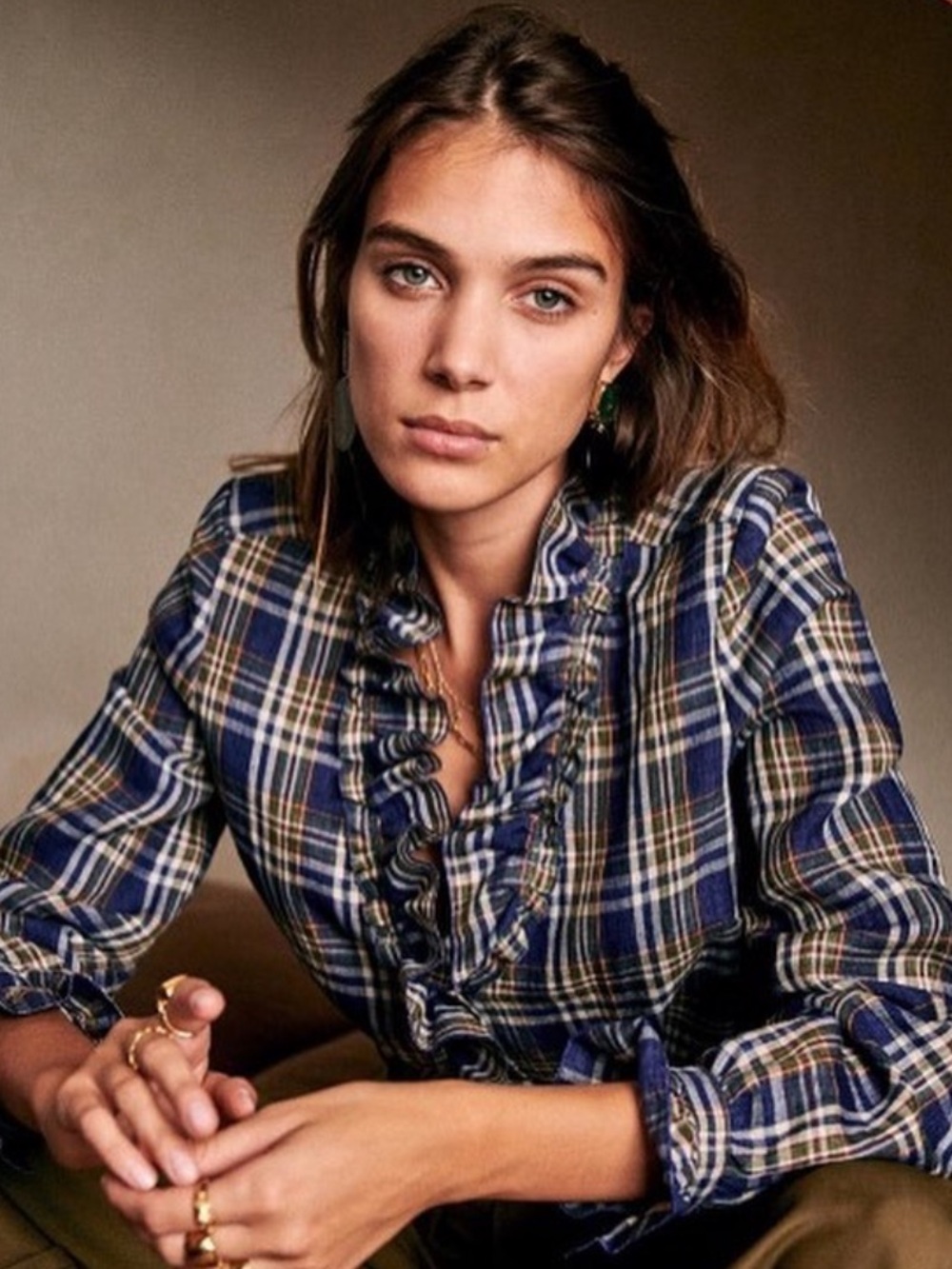 Sezane Plaid Vera Shirt Ruffle Blouse Tartan Long Sleeve Linen Blue Size 34